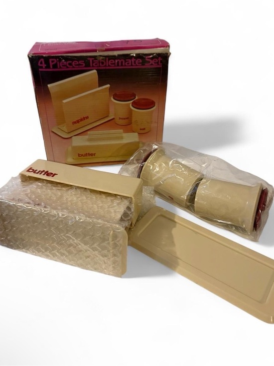 tablemate Other - VTG Retro 70s Tablemate 4 Pc Set Beige Butter Dish Salt Pepper Napkin Holder NOS